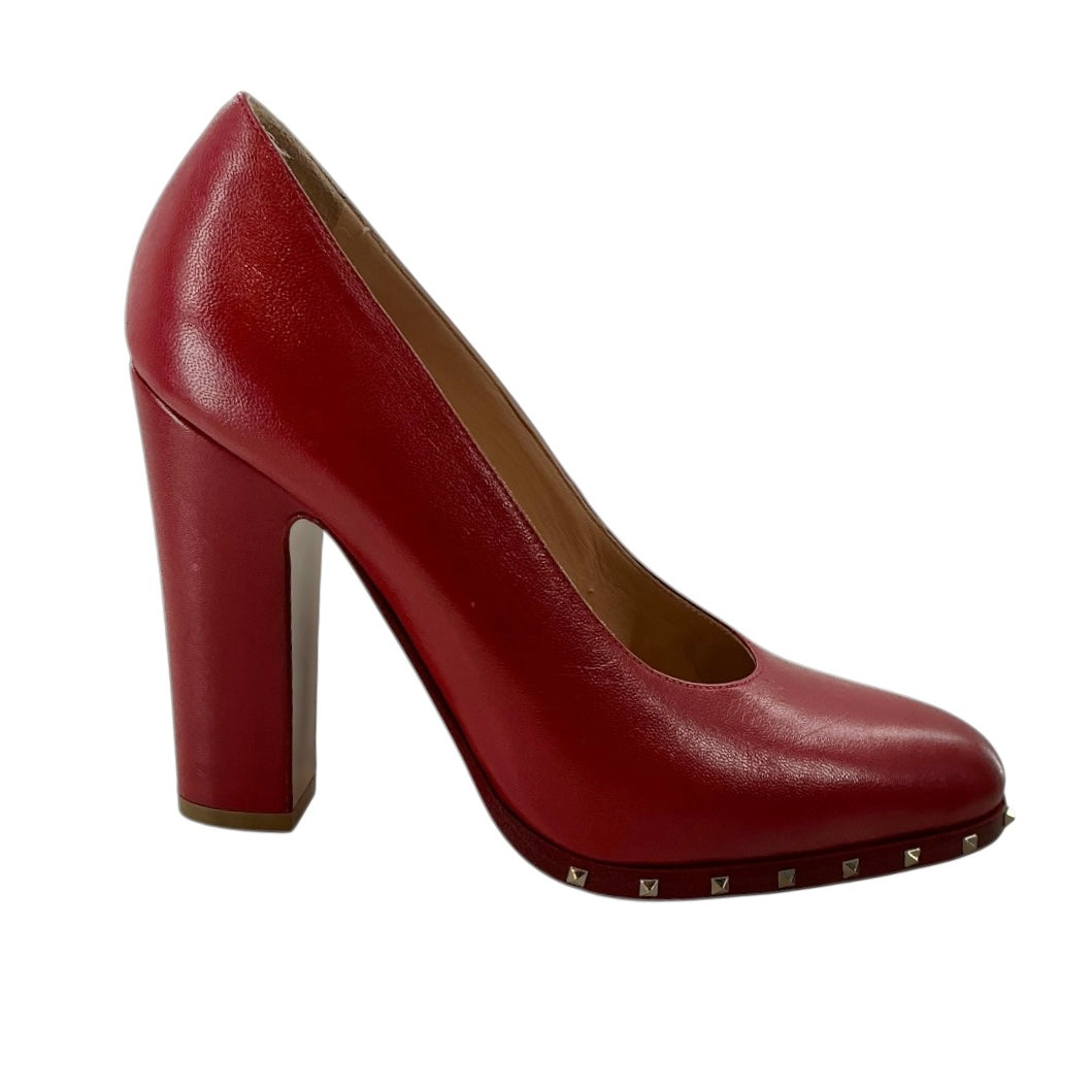 Valentino Garavani Red Leather Soul Rockstud Block Heel Pumps