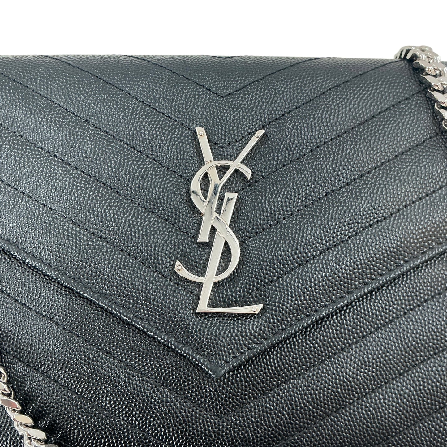 Saint Laurent Cassandre Matelassé Envelope Chain Wallet in Grain de Poudre Leather