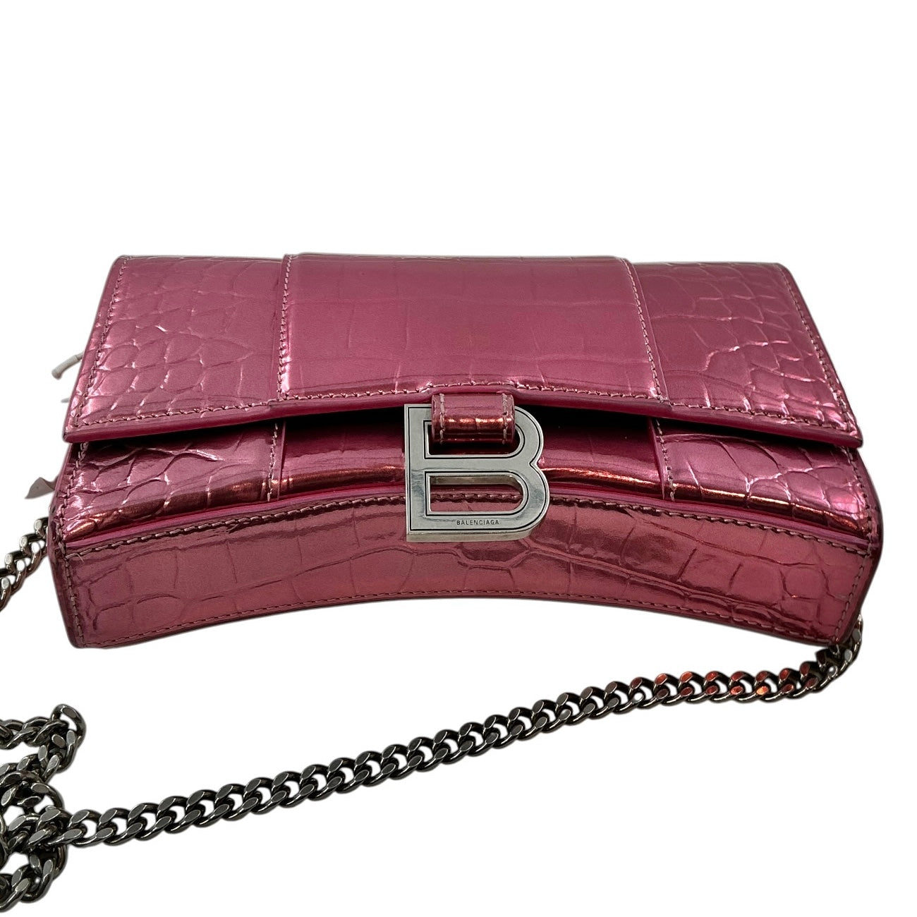 Balenciaga Hourglass Chain Wallet – Metallic Pink Crocodile-Embossed Leather