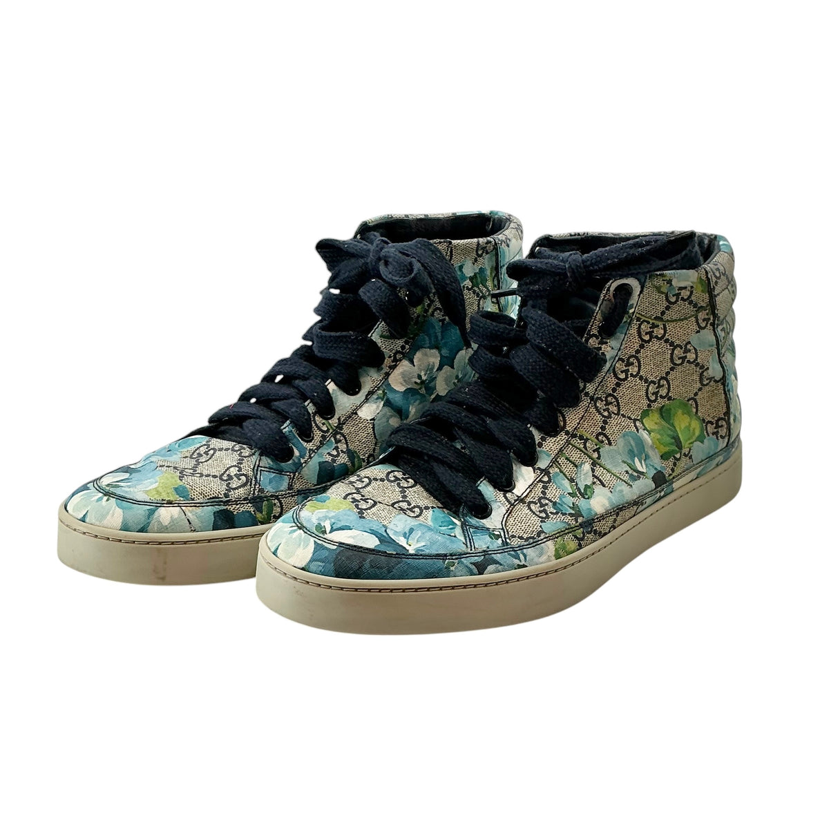 Gucci Men's Blue Bloom Print GG Supreme Canvas High-Top Sneakers