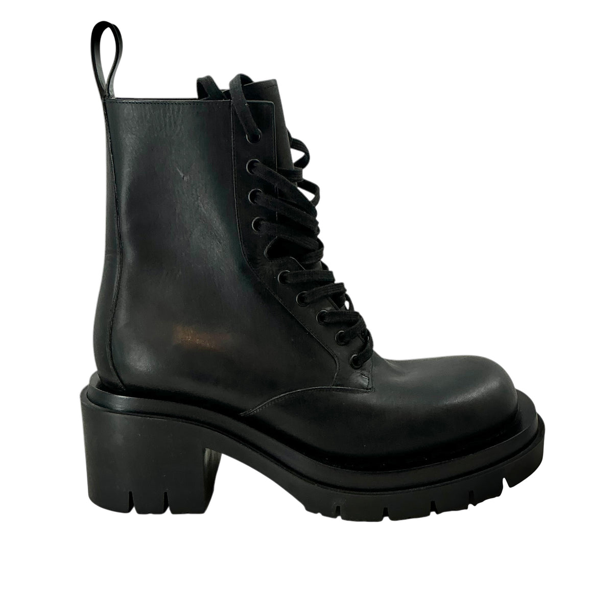 Bottega Veneta Black Leather Lug Heeled Lace-Up Combat Boots