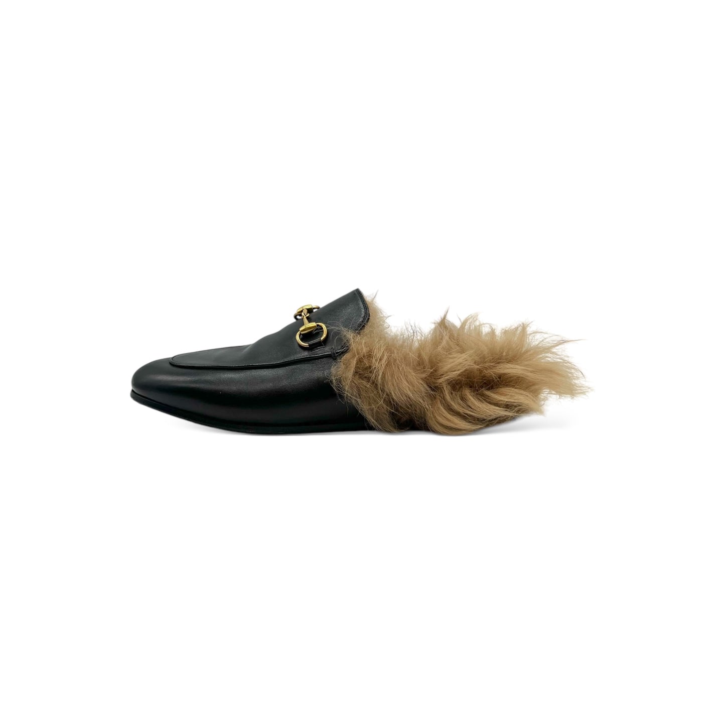 Gucci Black Leather Fur Horsebit Princetown Flat Mules