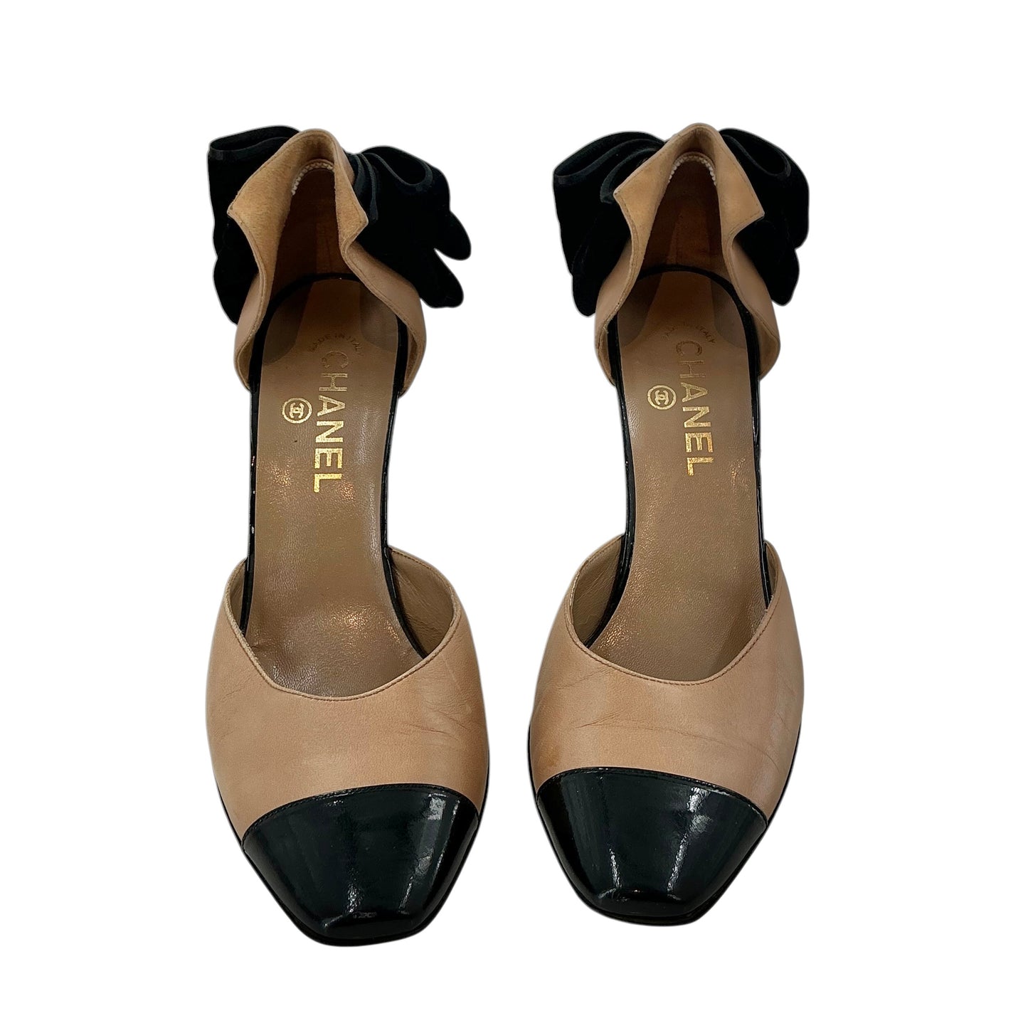 Chanel Vintage Two-Tone Beige Leather Velvet Bow Cap Toe Pumps