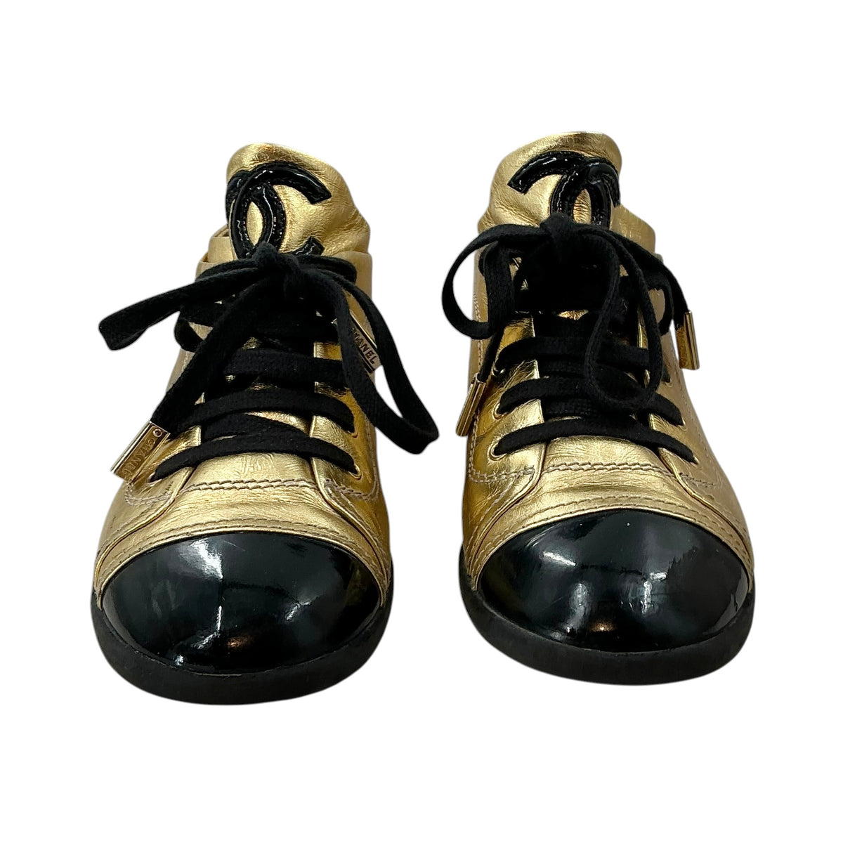 Chanel Vintage Gold Metallic Leather Black Patent Cap Toe Sneakers