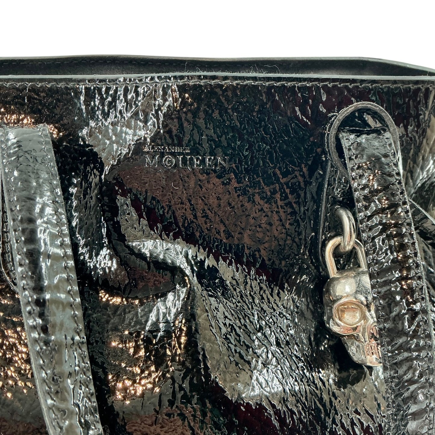 Alexander McQueen Black Patent Leather Eyelet Padlock Small Satchel
