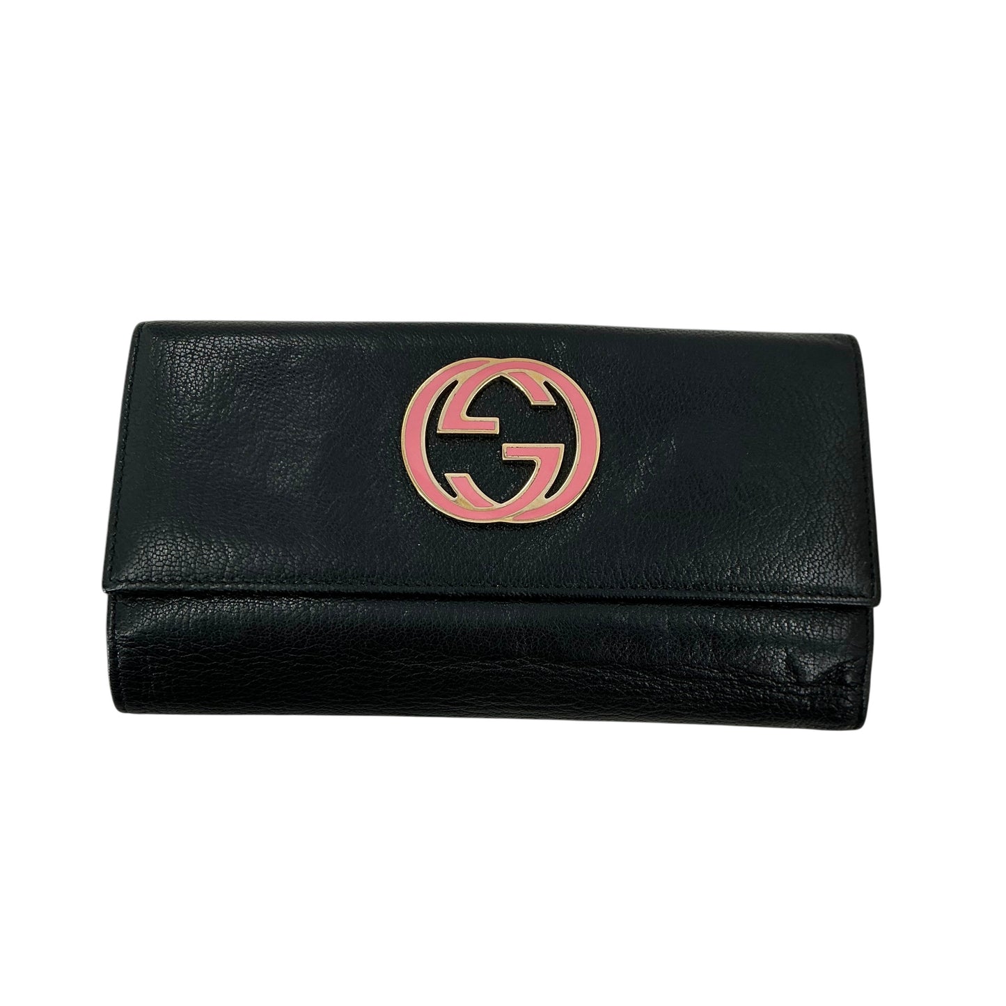 Gucci Vintage Black Pebbled Leather Interlocking G Continental Flap Wallet