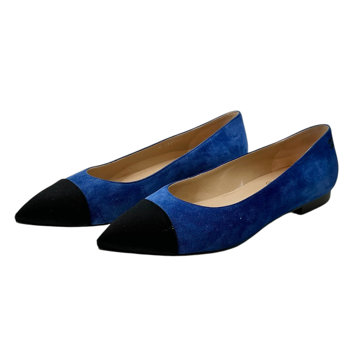 CHANEL Cobalt Blue Suede & Black Satin Pointed Cap Toe Flats