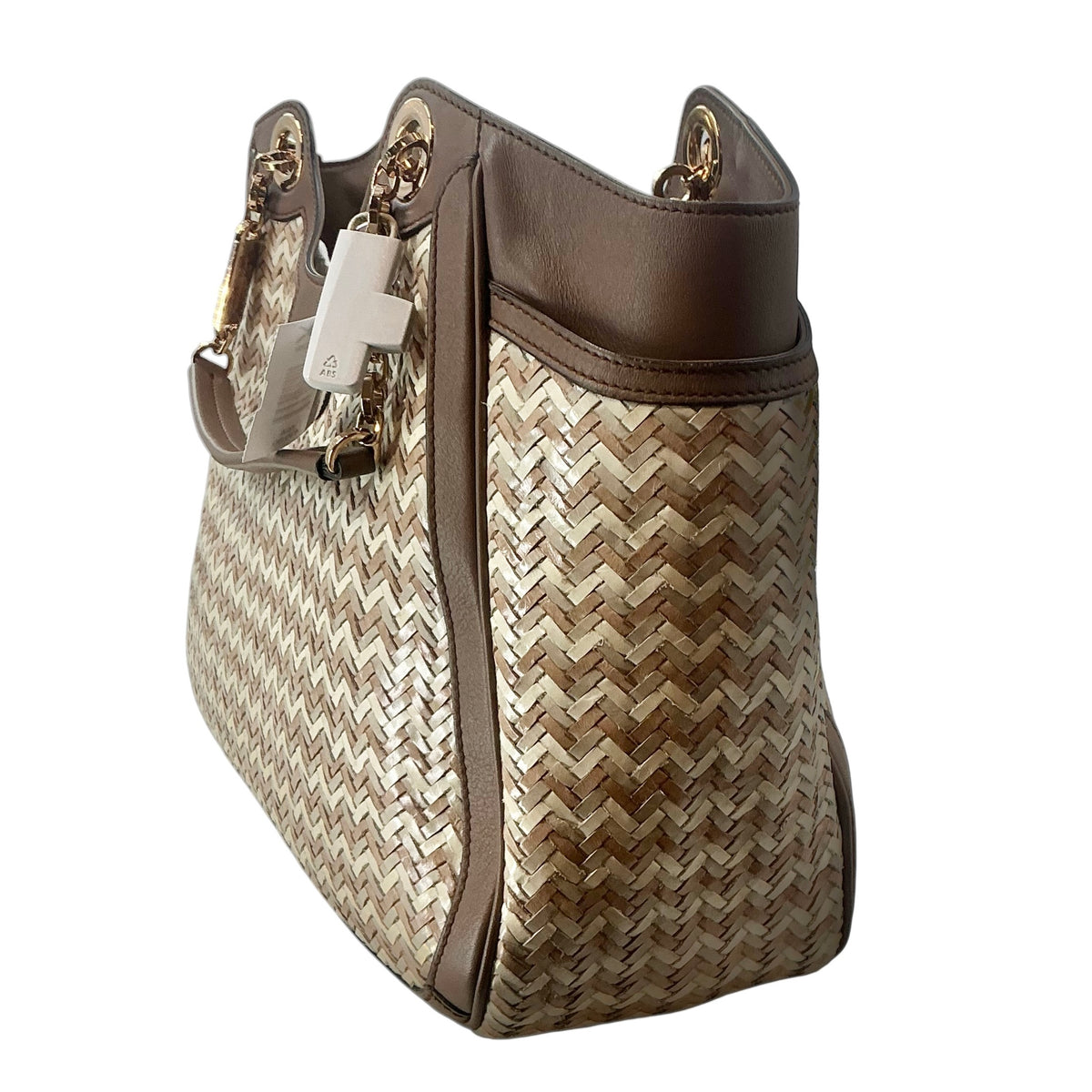 Salvatore Ferragamo Betulla Chevron Woven Straw & Brown Leather Shoulder Tote