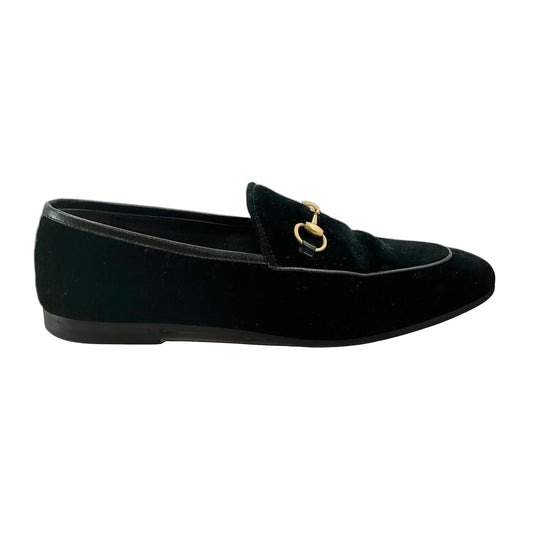 Gucci Jordaan Black Velvet Slip-On Flats with Gold Horsebit