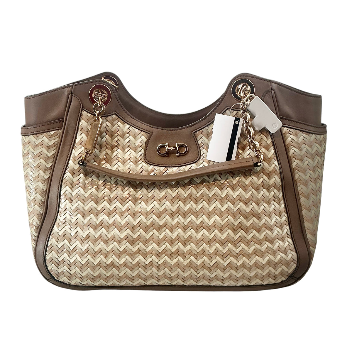 Salvatore Ferragamo Betulla Chevron Woven Straw & Brown Leather Shoulder Tote