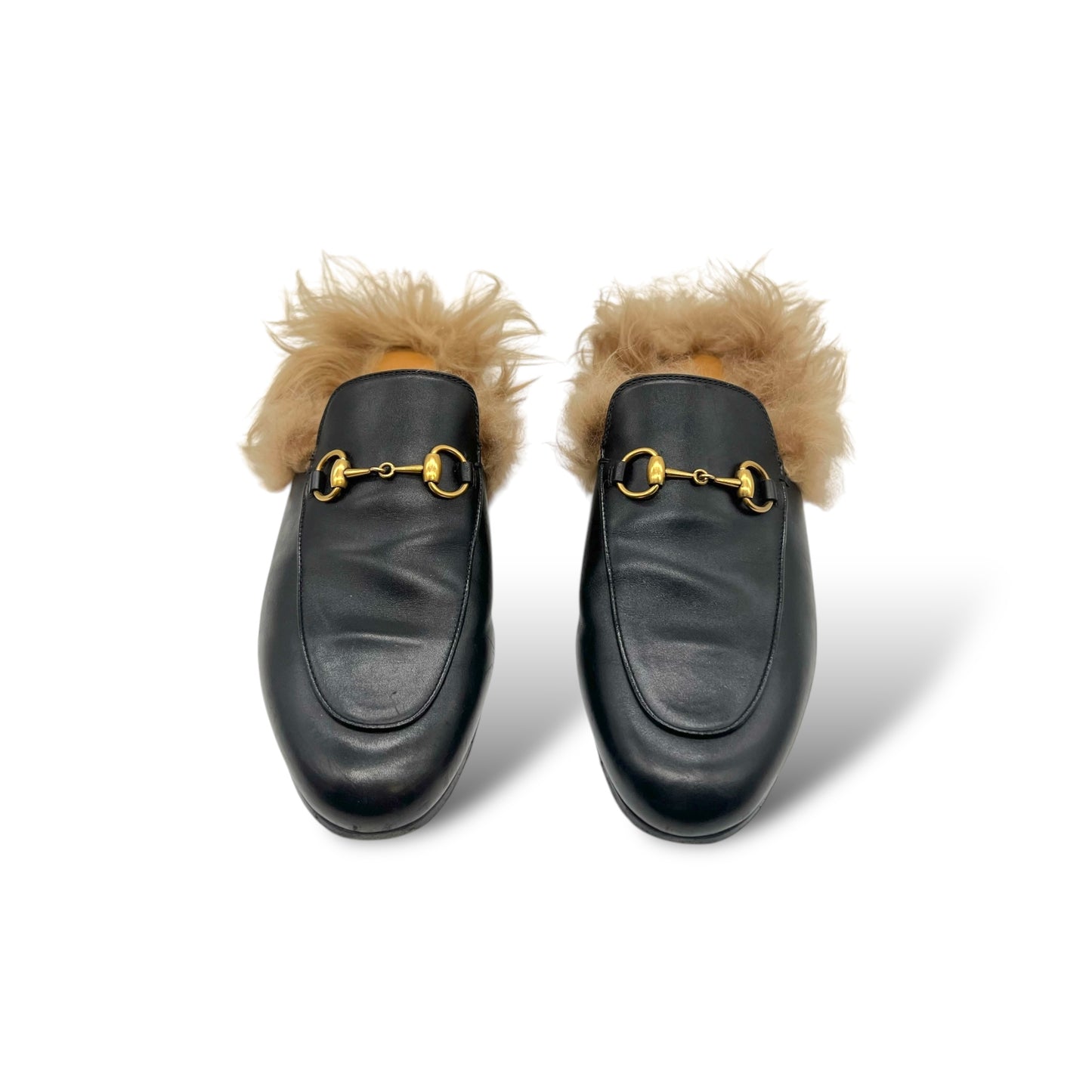 Gucci Black Leather Fur Horsebit Princetown Flat Mules