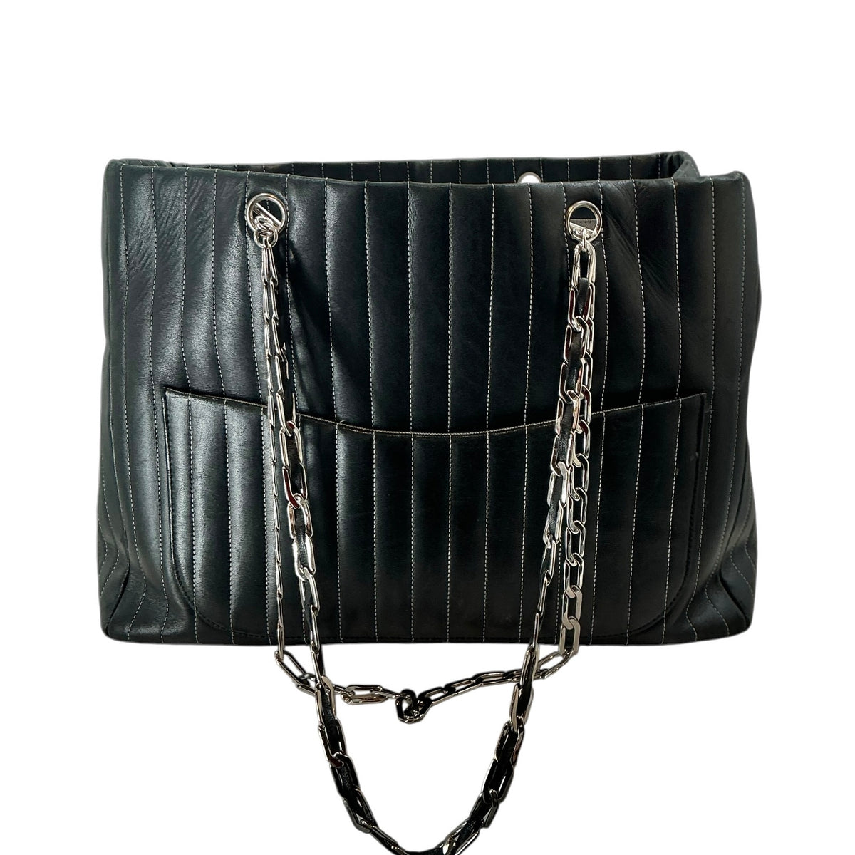 Vintage Chanel Black Lambskin Vertical Quilted Mademoiselle Large Ligne Tote Bag