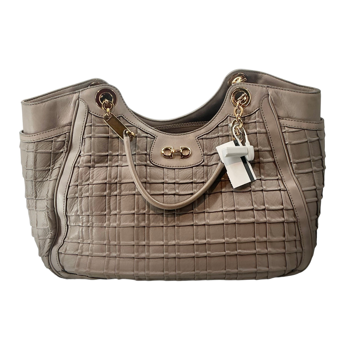 Salvatore Ferragamo Grey Betulla Quilted Basket-Weave Leather Double Gancini Chain Tote Bag