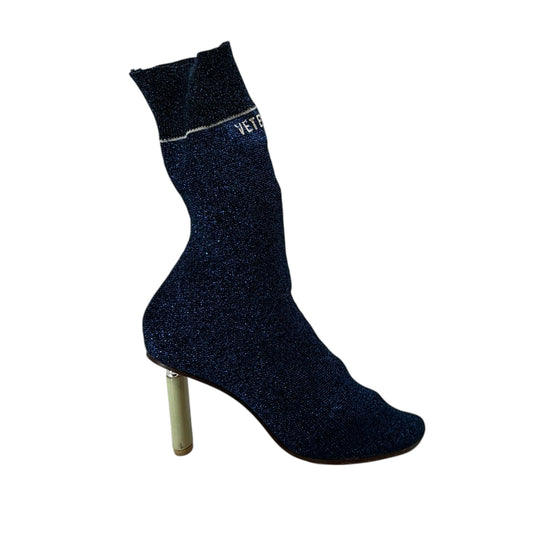 VETEMENTS Lurex Blue Glitter Sock Boots With Eiffel Tower Lighter Heel
