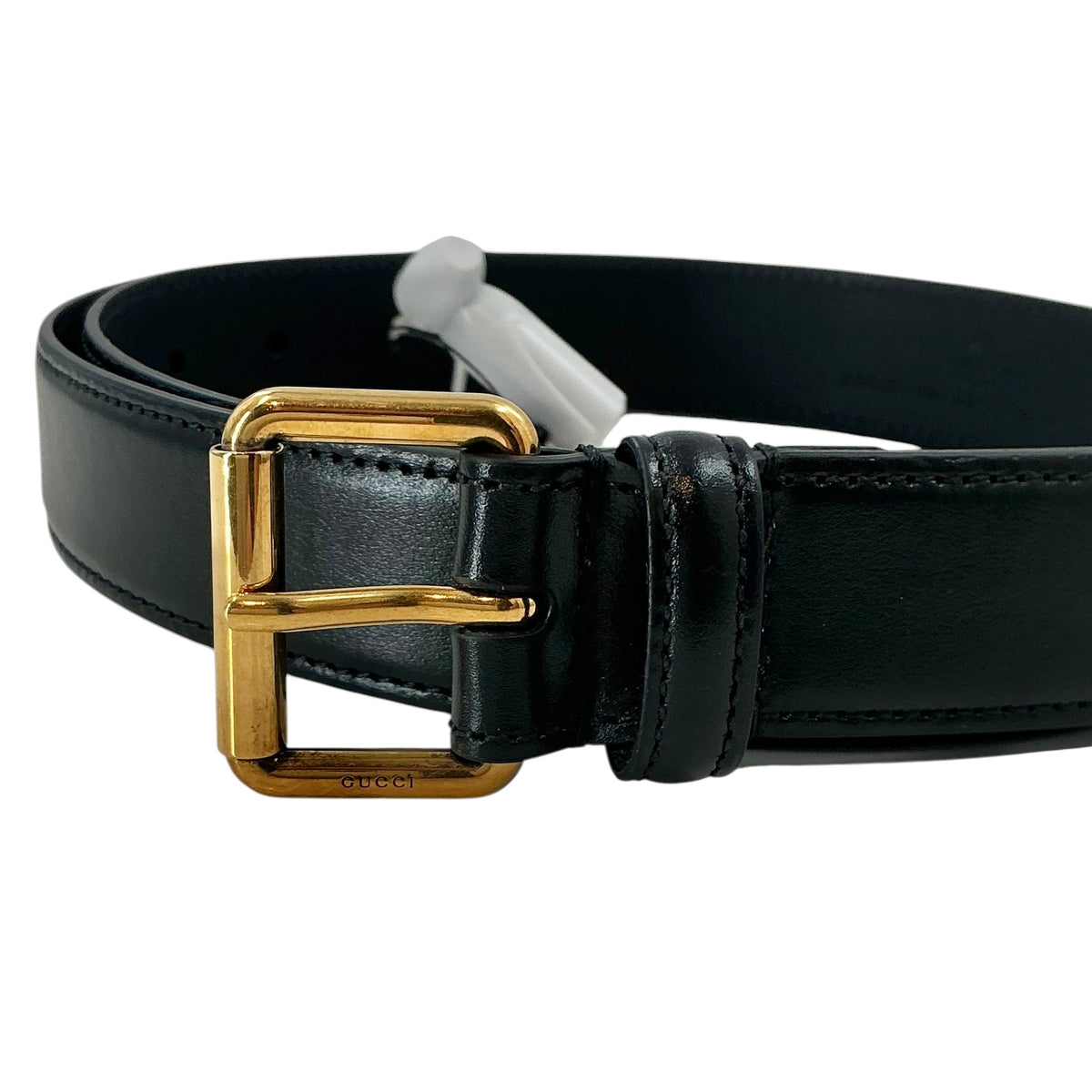 Gucci Smooth Black Leather Belt with Gold Buckle