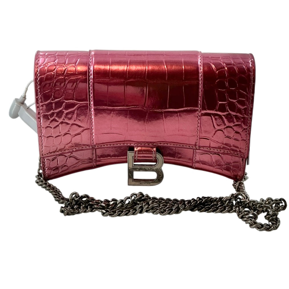 Balenciaga Hourglass Chain Wallet – Metallic Pink Crocodile-Embossed Leather