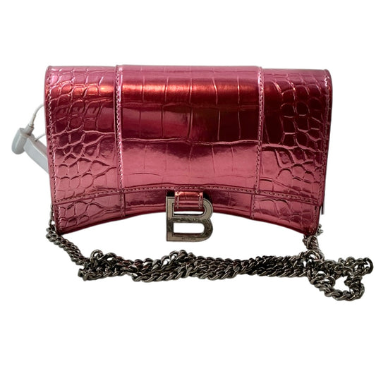 Balenciaga Hourglass Chain Wallet – Metallic Pink Crocodile-Embossed Leather