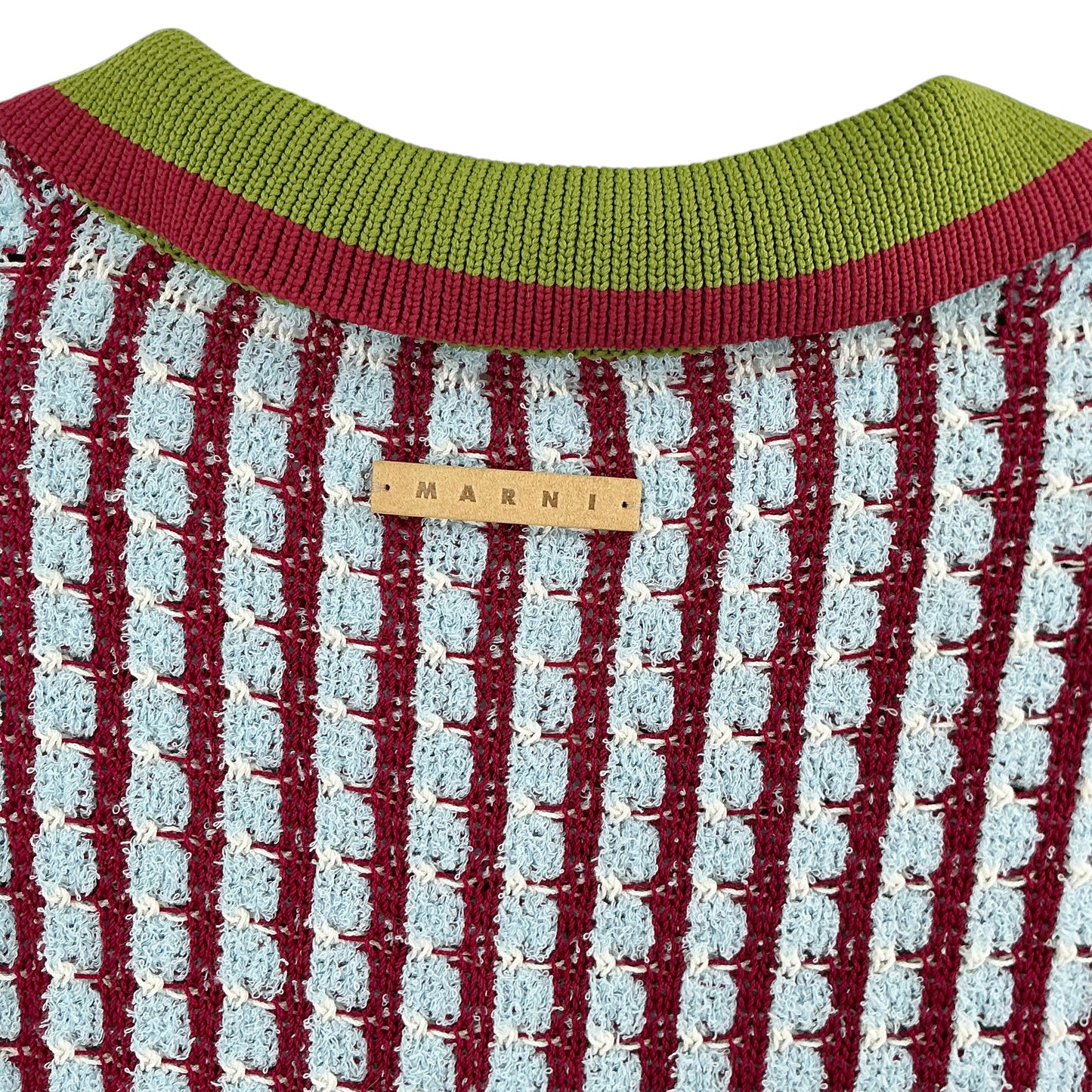 MARNI Cropped Textured Stripe Knit Polo Sweater - Green/Red/Light Blue
