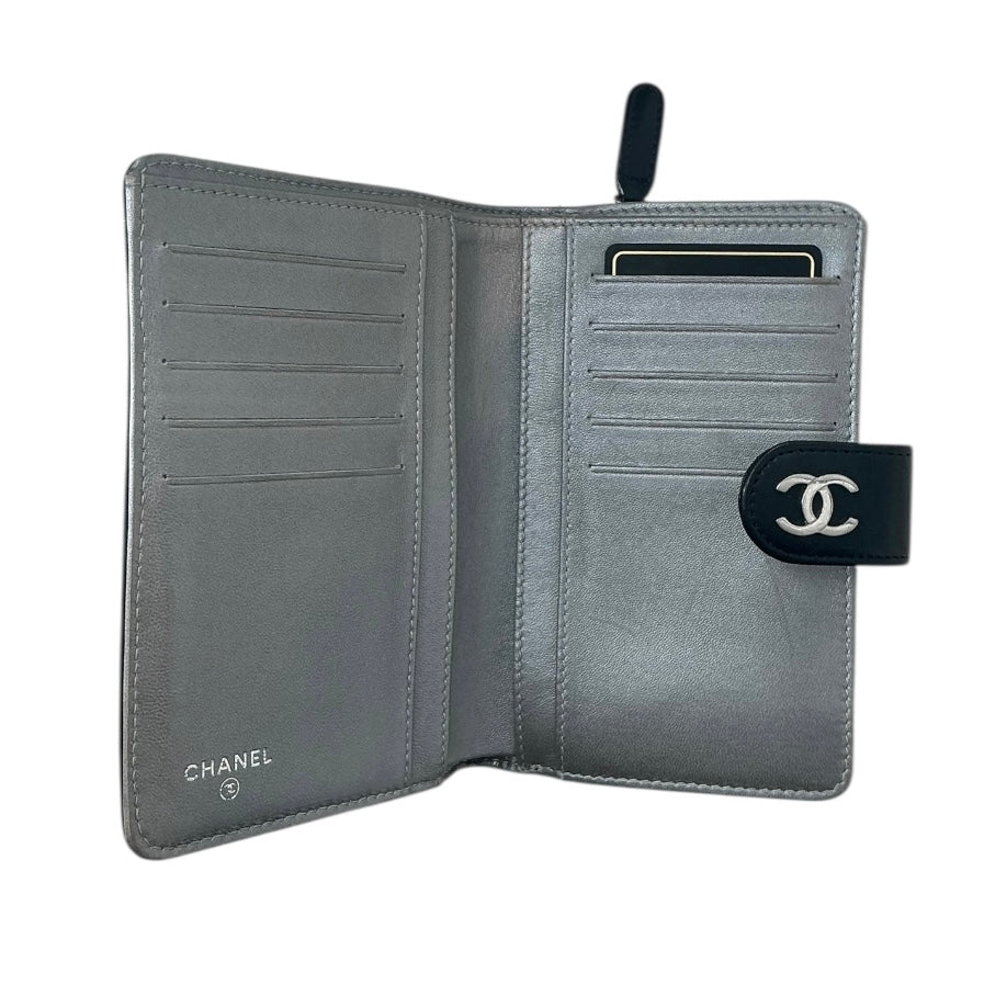 Chanel Camellia Black Lambskin Embossed Leather Wallet