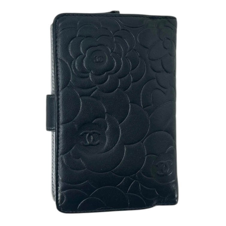 Chanel Camellia Black Lambskin Embossed Leather Wallet