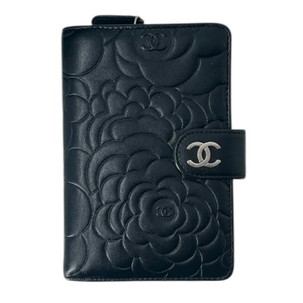 Chanel Camellia Black Lambskin Embossed Leather Wallet