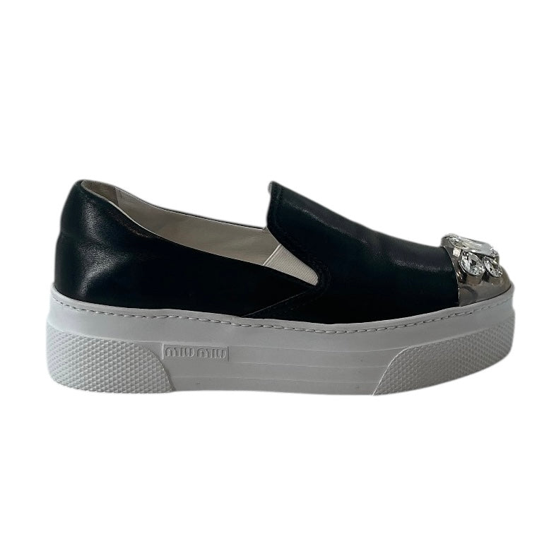 Miu Miu Black Leather Crystal-embellished Platform Slip-on Sneakers