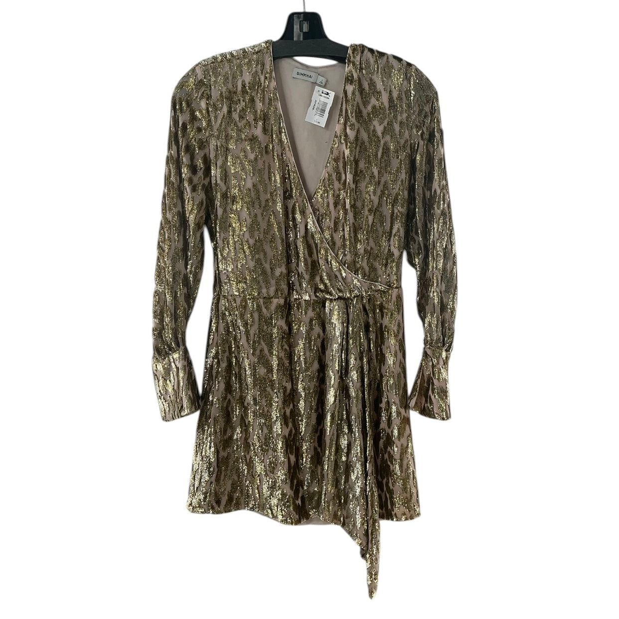 SIMKHAI Camryn Gold Metallic Animal Print Faux Wrap Mini Dress