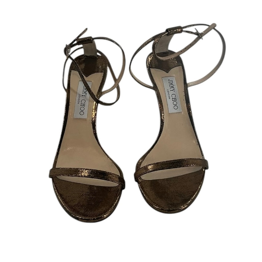 Jimmy Choo Minny 85 Anthracite Metallic Lizard-Print Leather Sandals