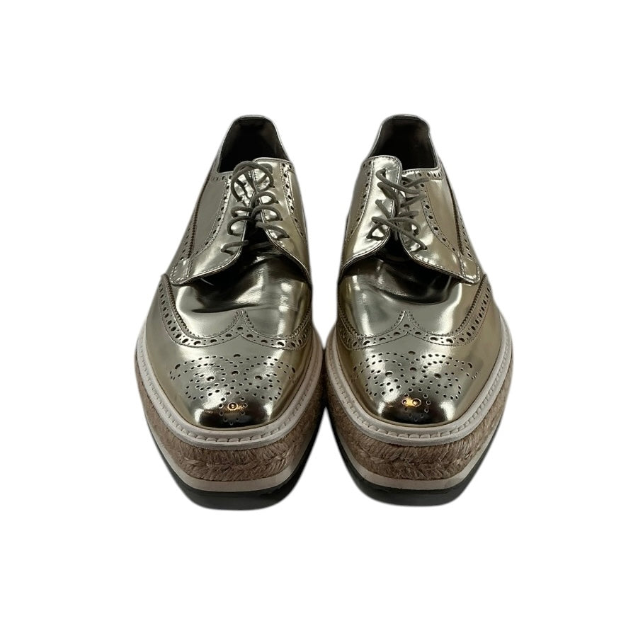 Prada Gold Metallic Leather Platform Lace-Up Brogue Shoes