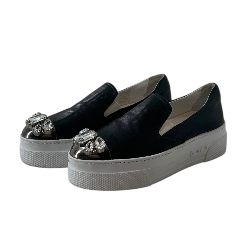 Miu Miu Black Leather Crystal-embellished Platform Slip-on Sneakers
