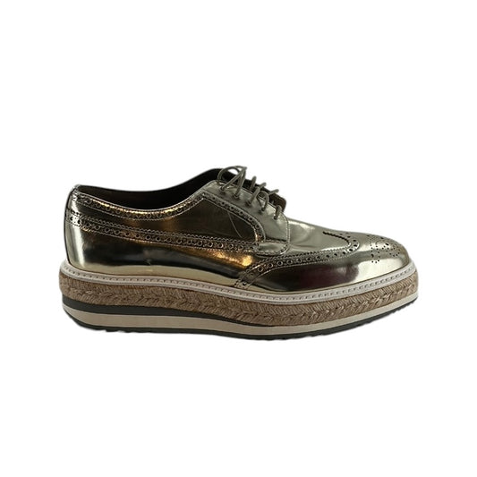 Prada Gold Metallic Leather Platform Lace-Up Brogue Shoes