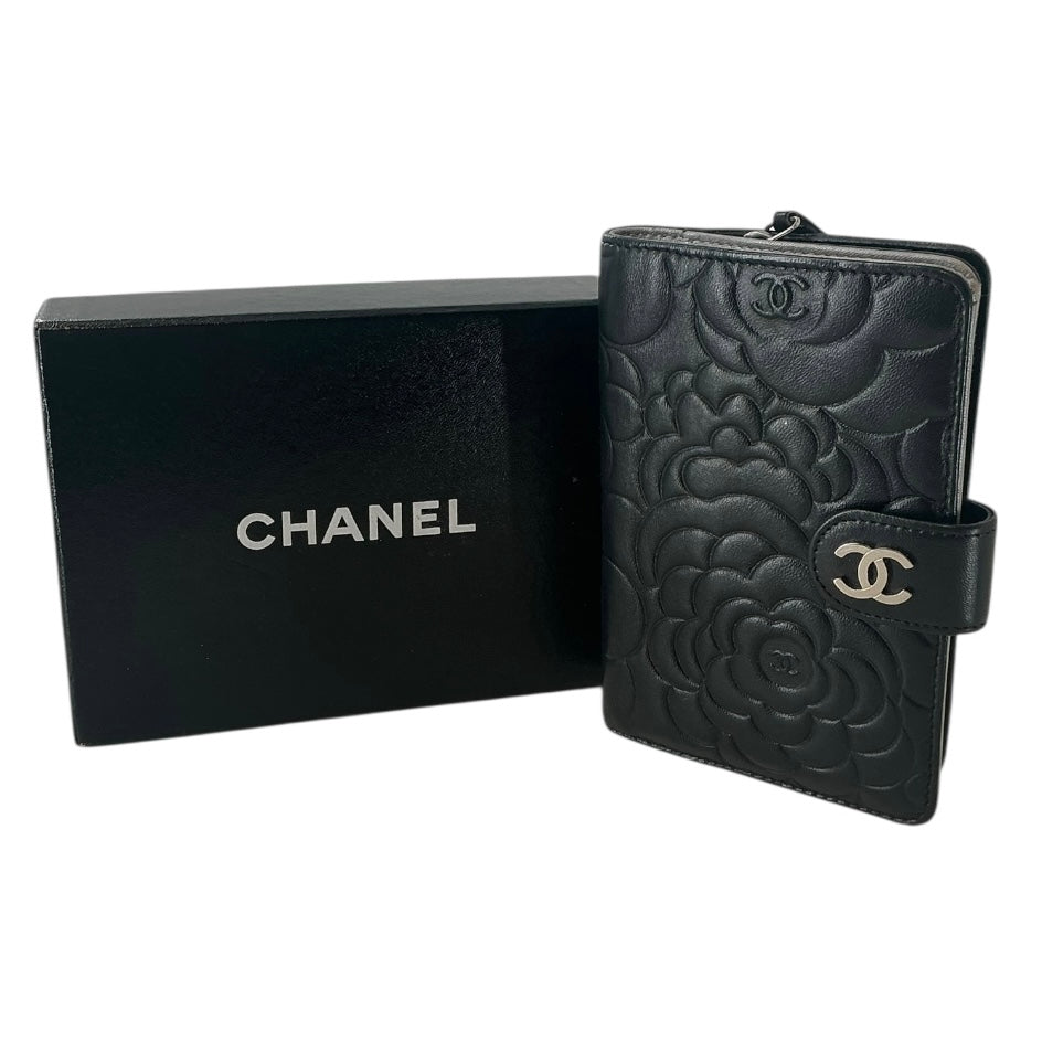 Chanel Camellia Black Lambskin Embossed Leather Wallet