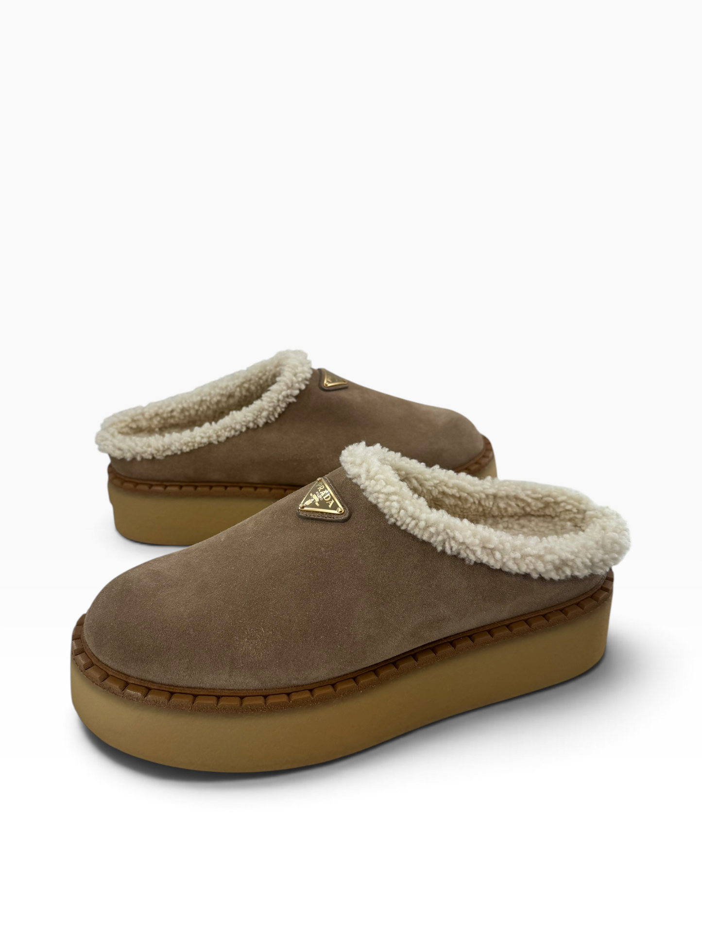 Prada Suede Shearling Platform Mules