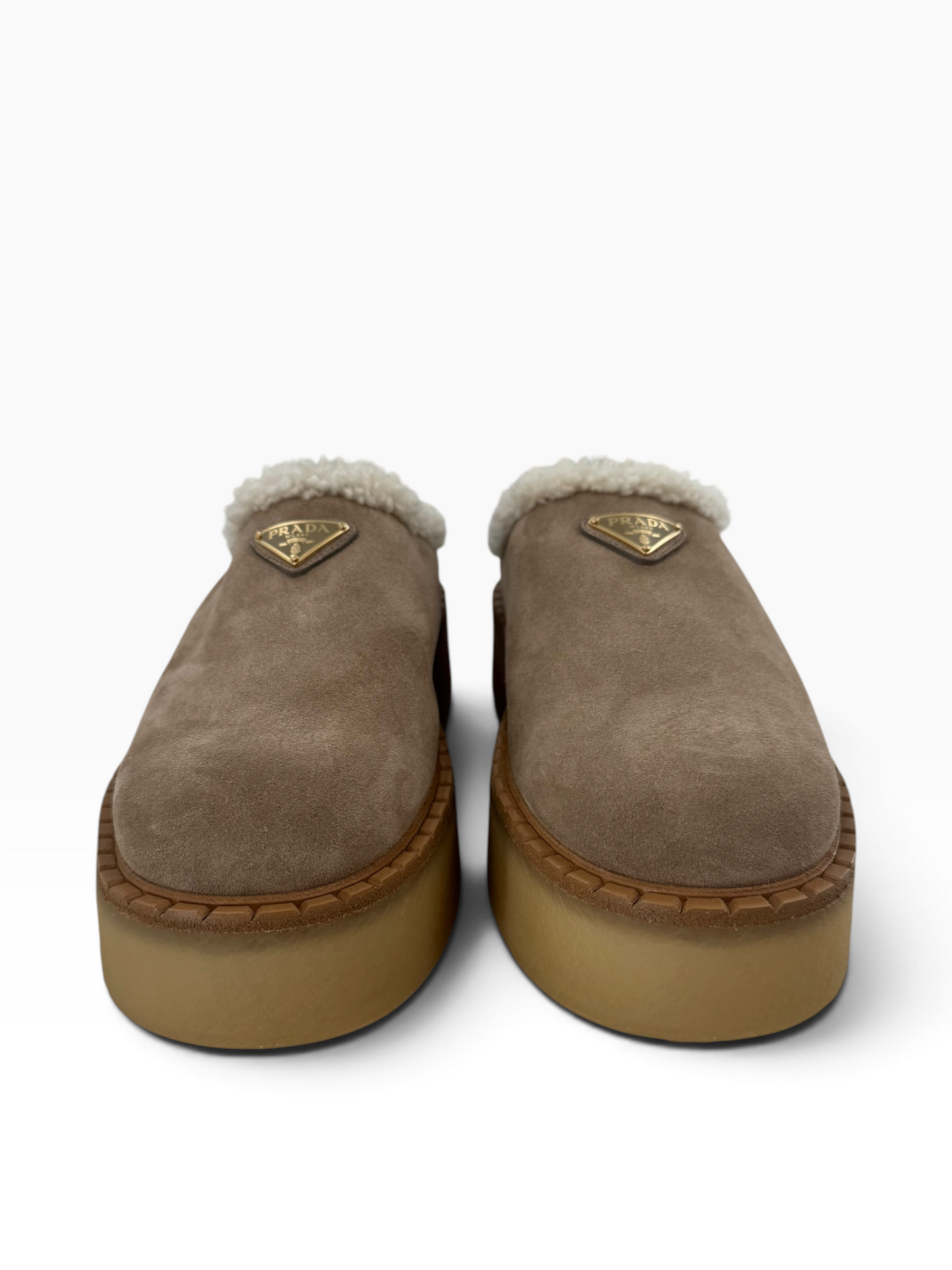 Prada Suede Shearling Platform Mules