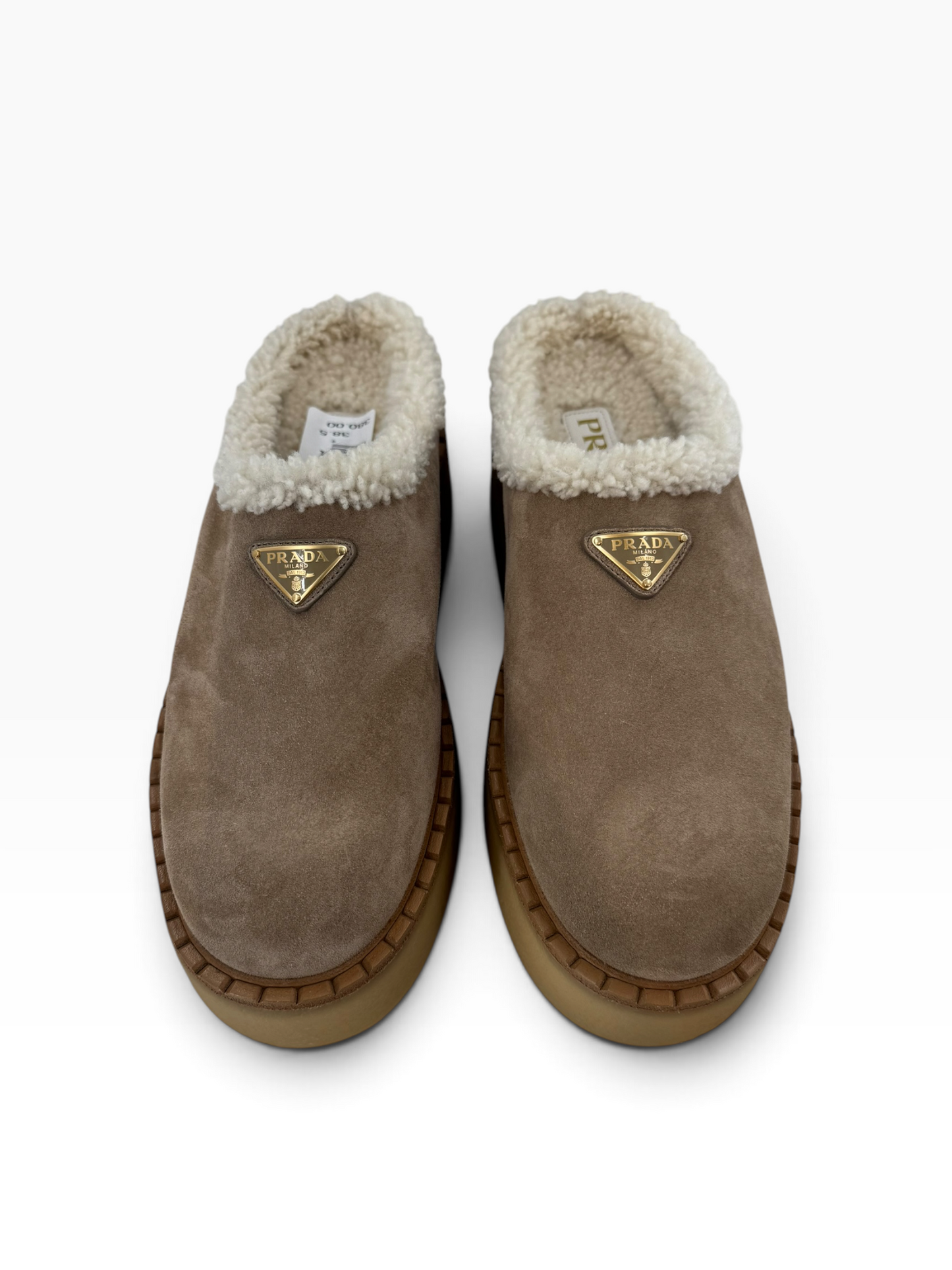 Prada Suede Shearling Platform Mules