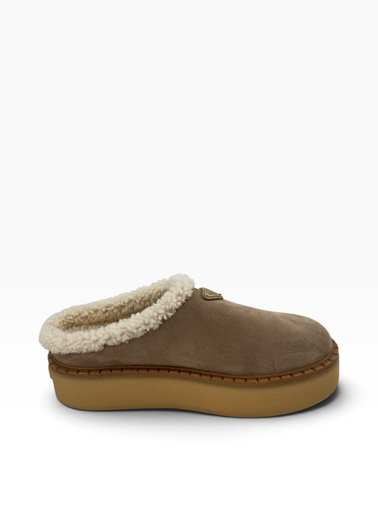 Prada Suede Shearling Platform Mules
