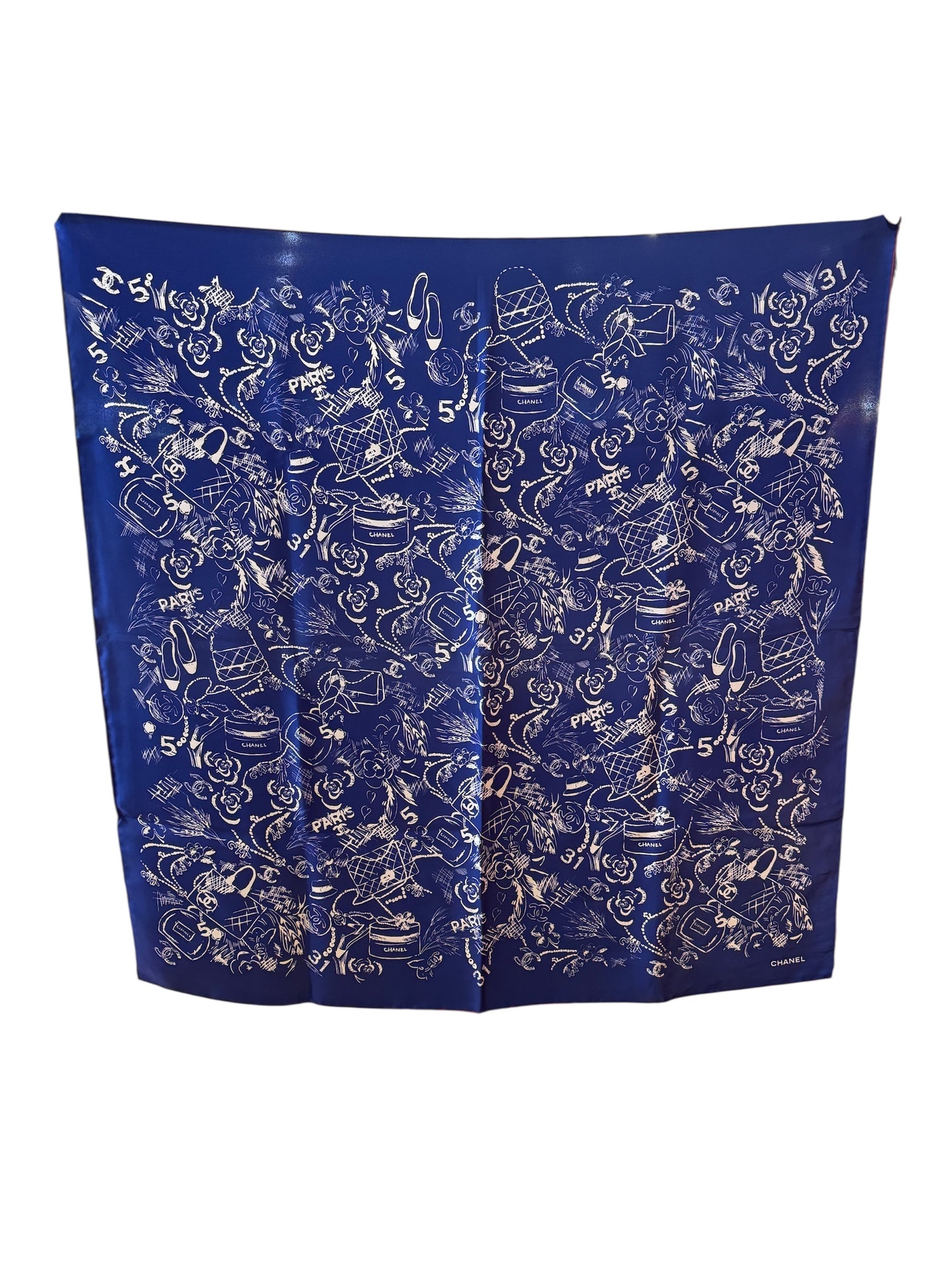 Chanel Dark Blue Multi Icon Print Silk Scarf