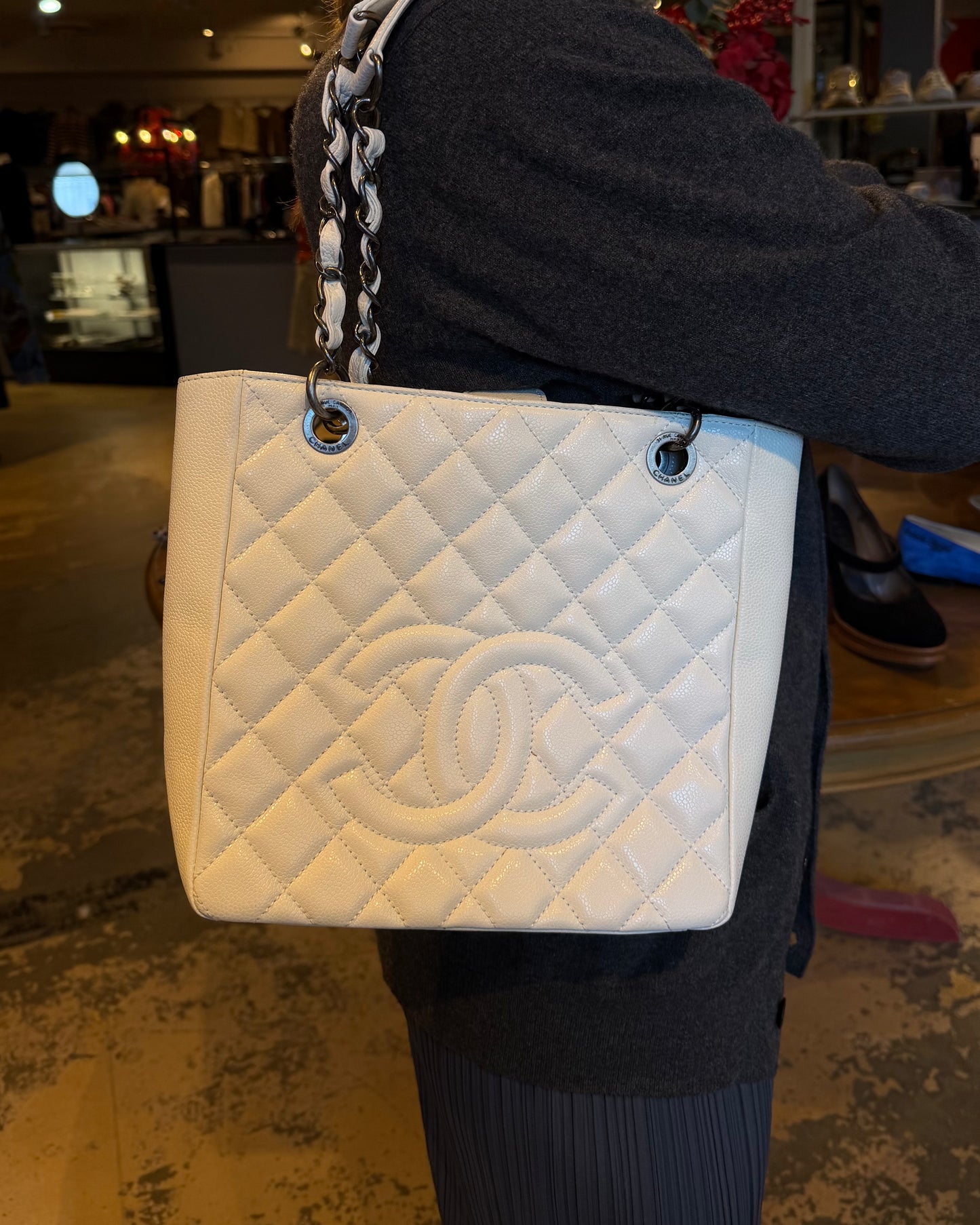 Chanel White Quilted Caviar Leather Petite Shopping Tote (PST) Bag