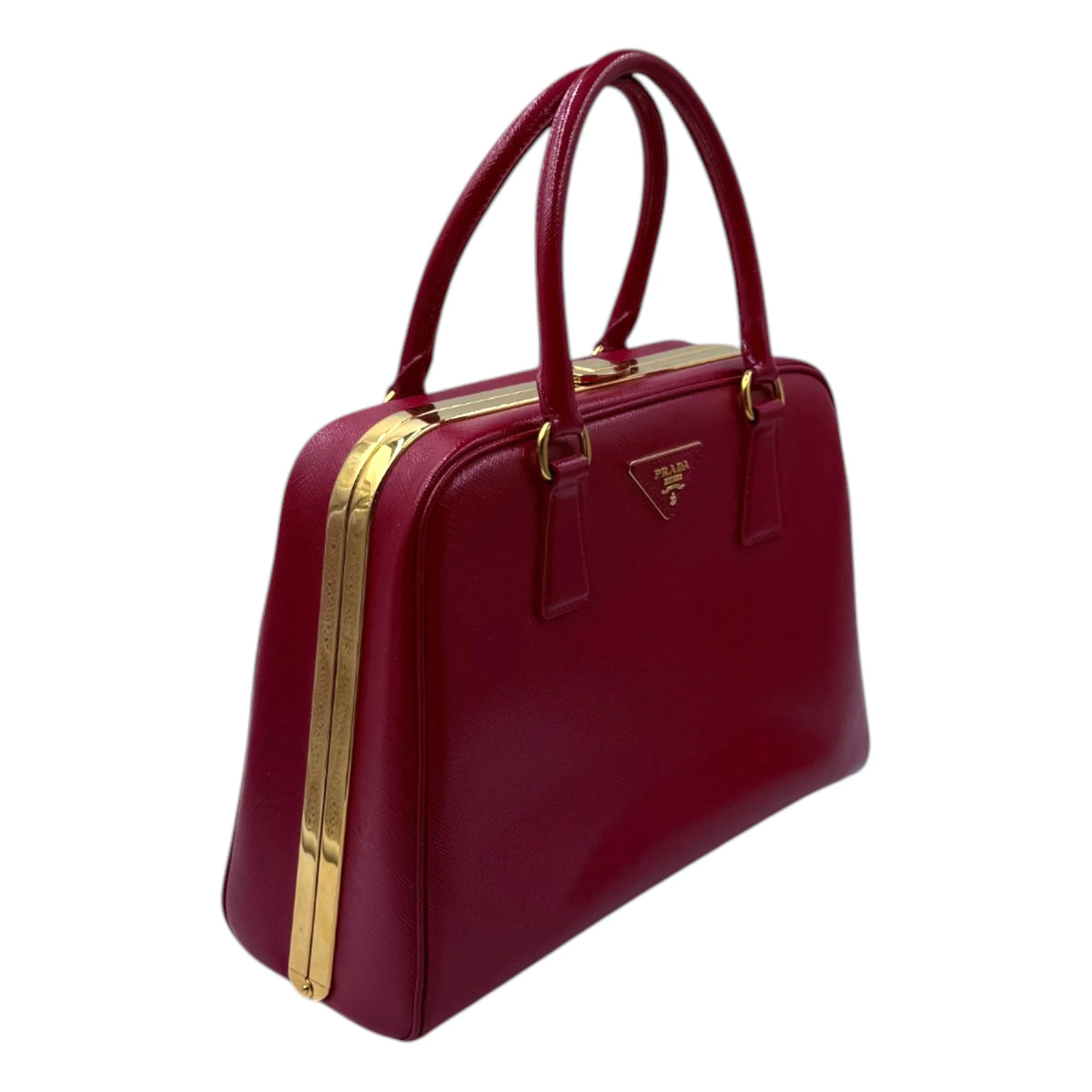 Prada Saffiano Vernice Pyramid Frame Top Handle Bag