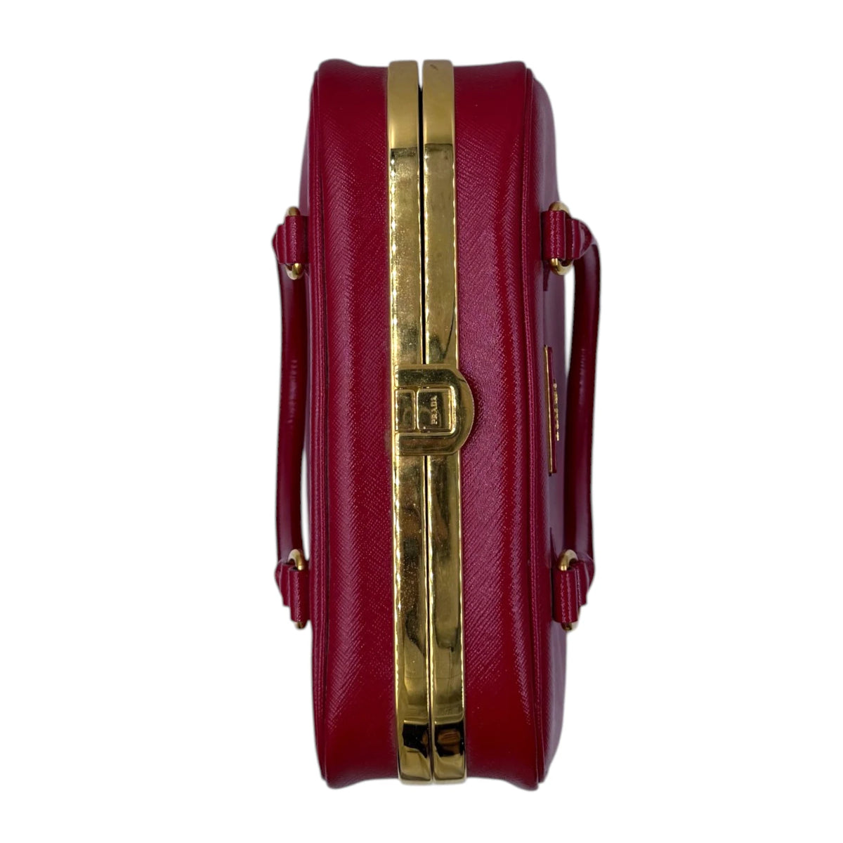 Prada Saffiano Vernice Pyramid Frame Top Handle Bag