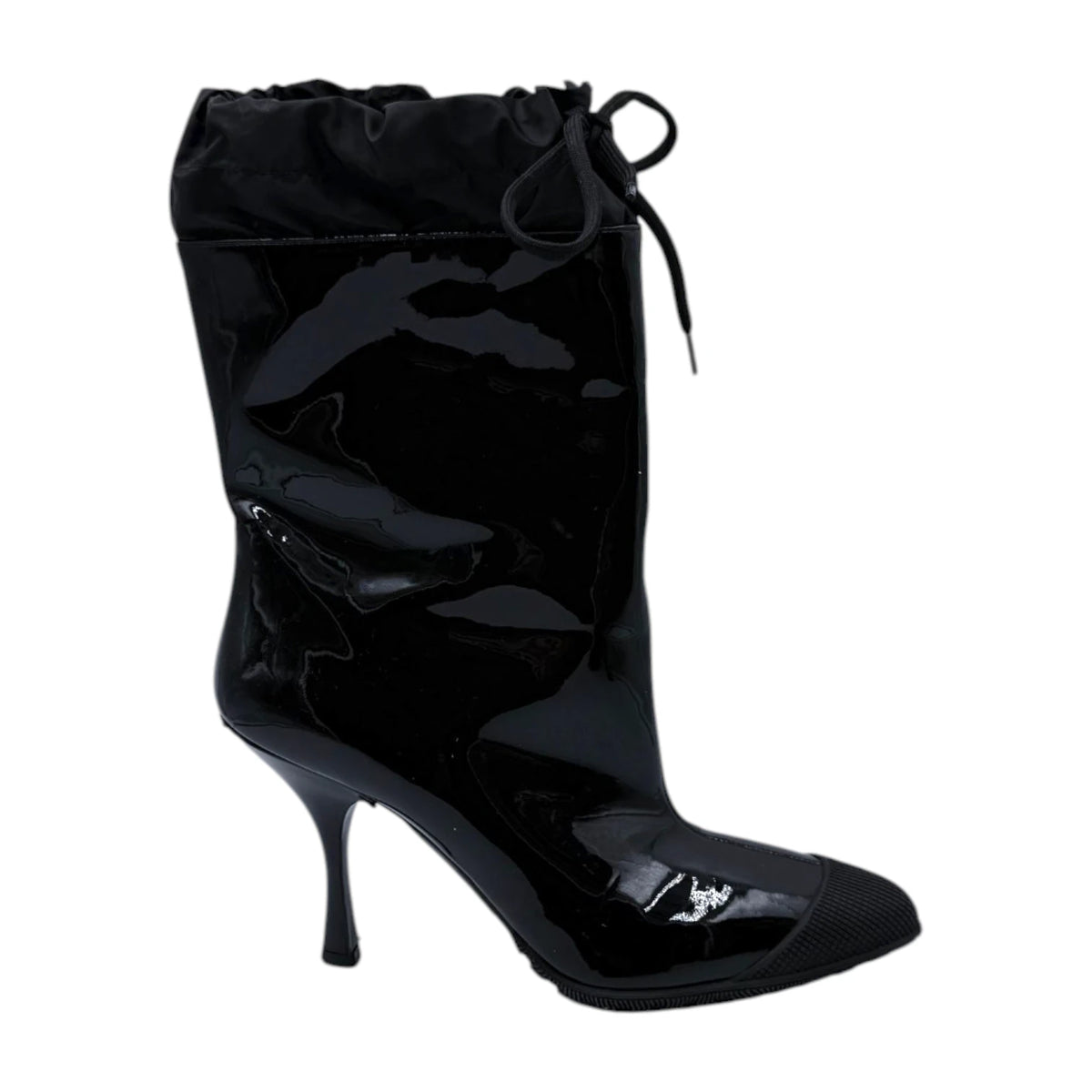 Miu Miu Black Patent Leather Drawstring Heeled Boots