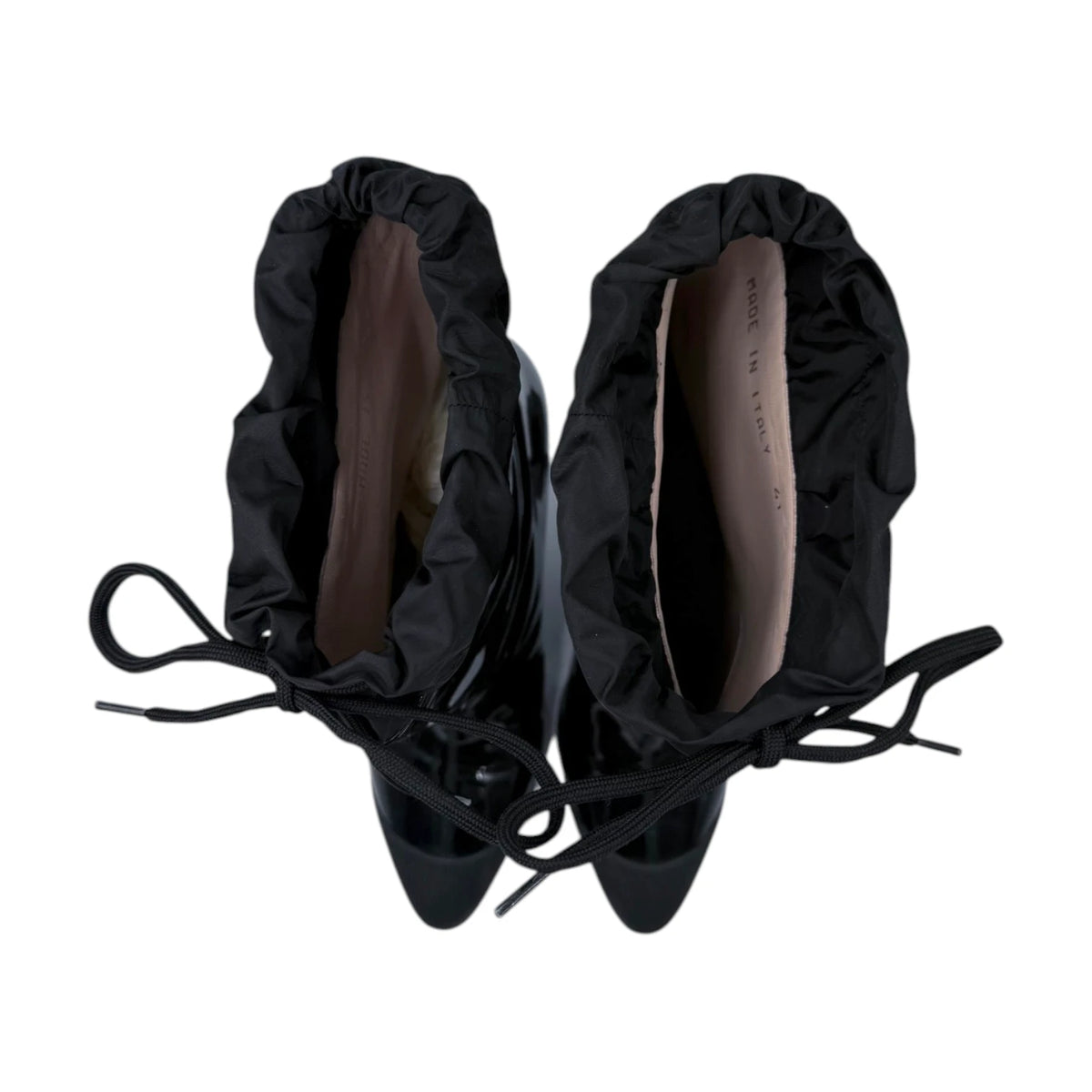 Miu Miu Black Patent Leather Drawstring Heeled Boots