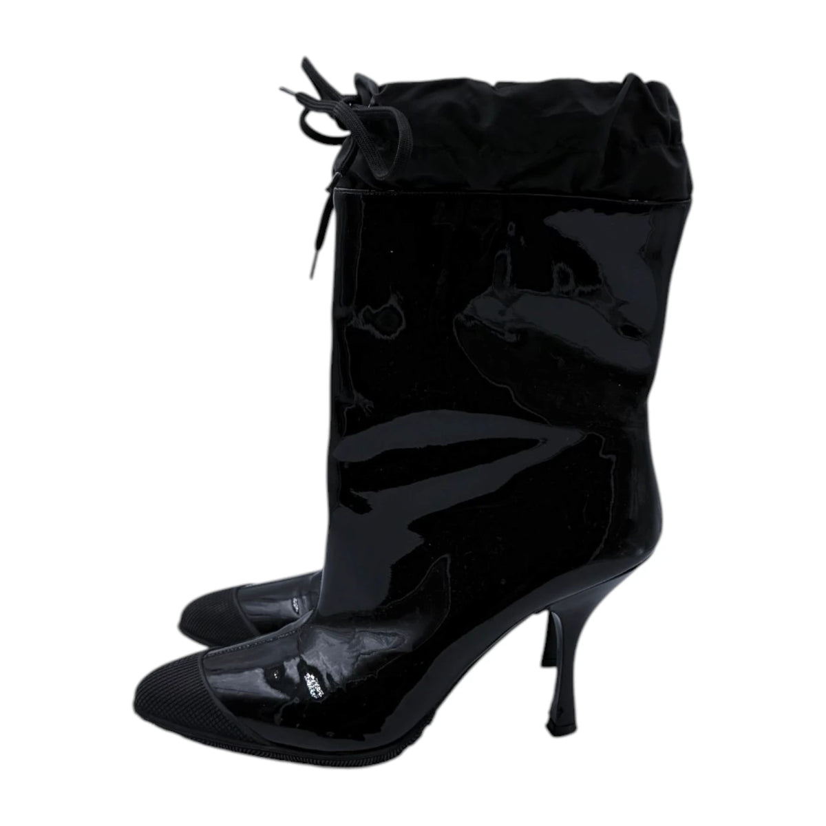 Miu Miu Black Patent Leather Drawstring Heeled Boots