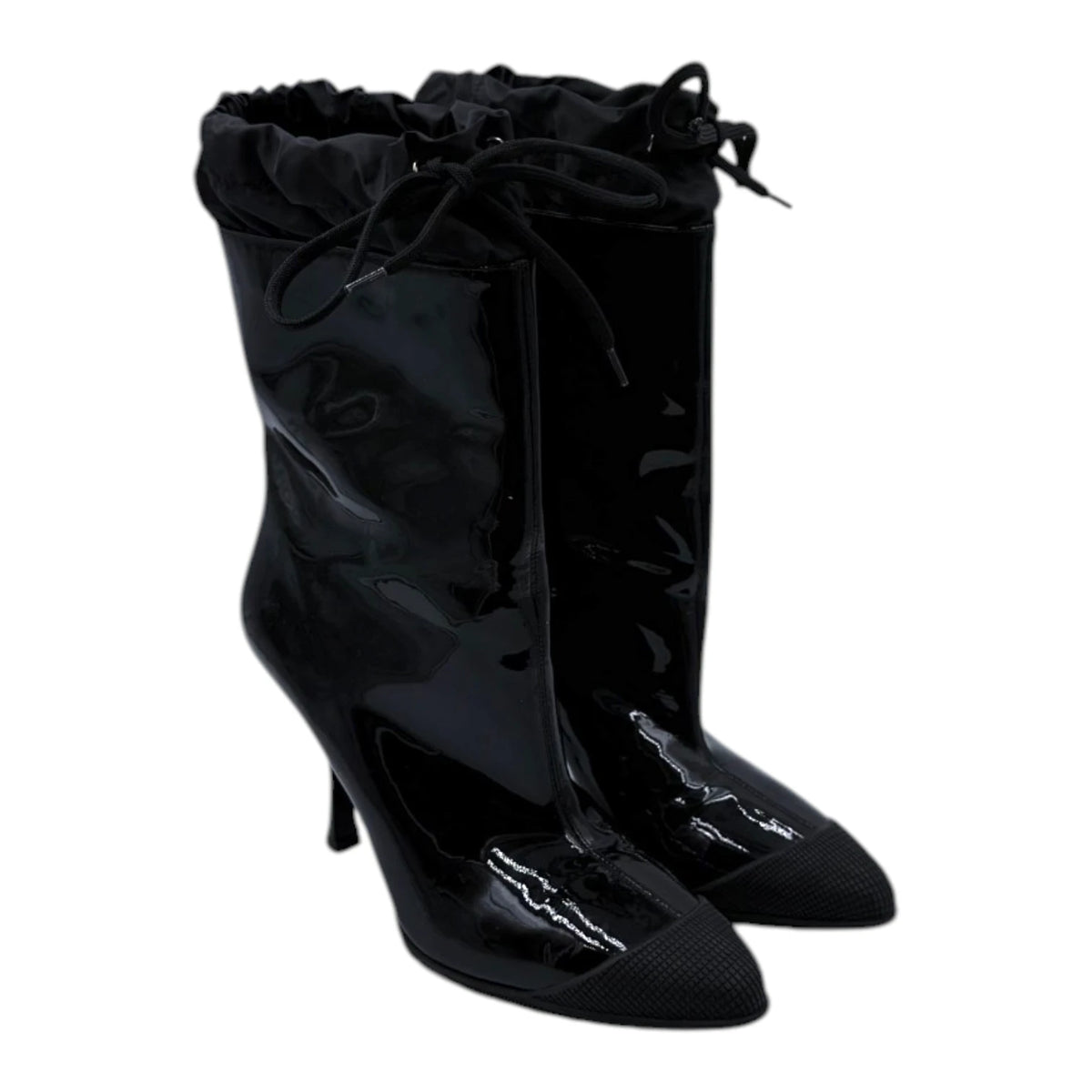 Miu Miu Black Patent Leather Drawstring Heeled Boots