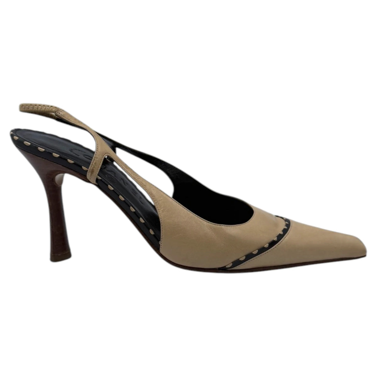 Chanel Beige & Black Slingback Kitten Heels