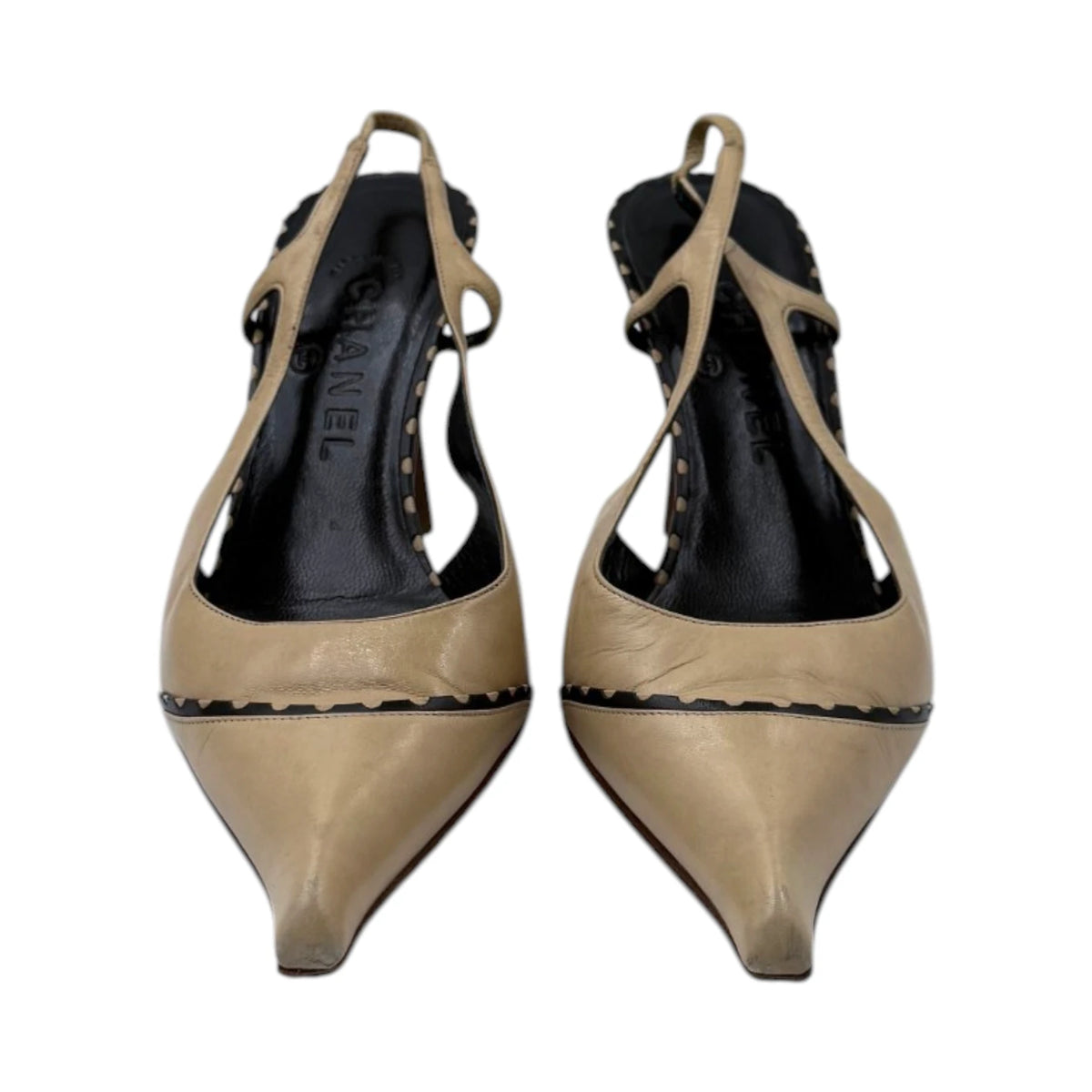 Chanel Beige & Black Slingback Kitten Heels