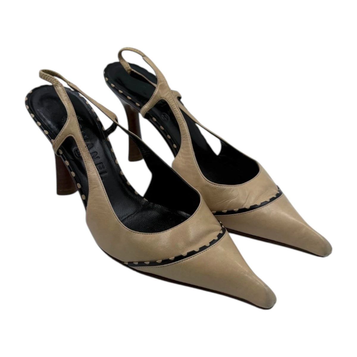 Chanel Beige & Black Slingback Kitten Heels