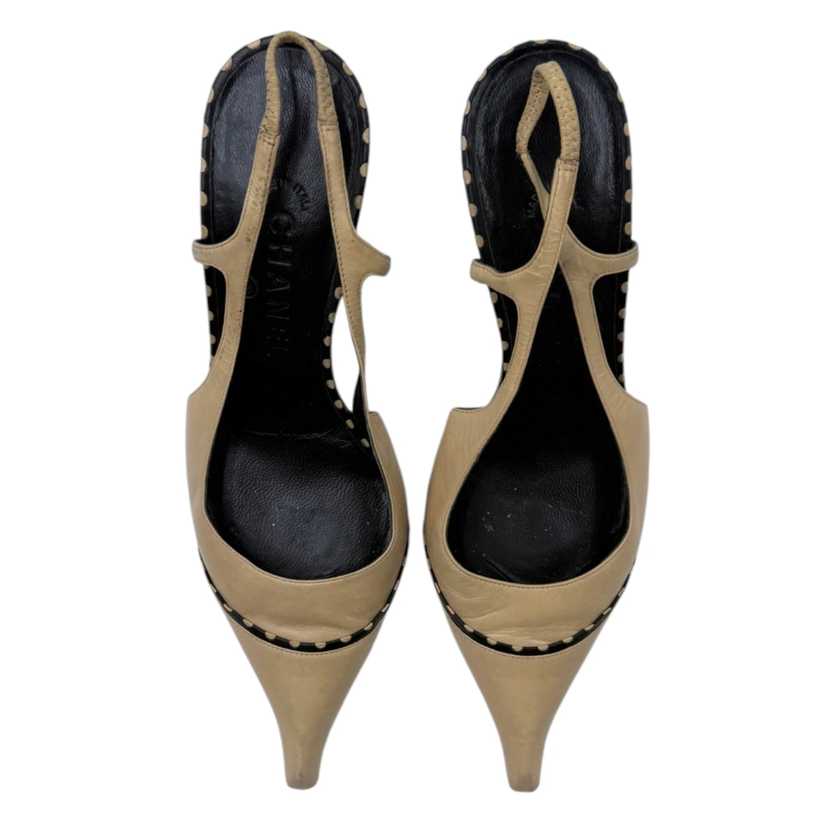 Chanel Beige & Black Slingback Kitten Heels