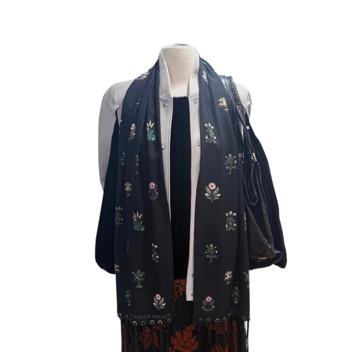 Alexander McQueen Floral Print Leather Fringe Scarf
