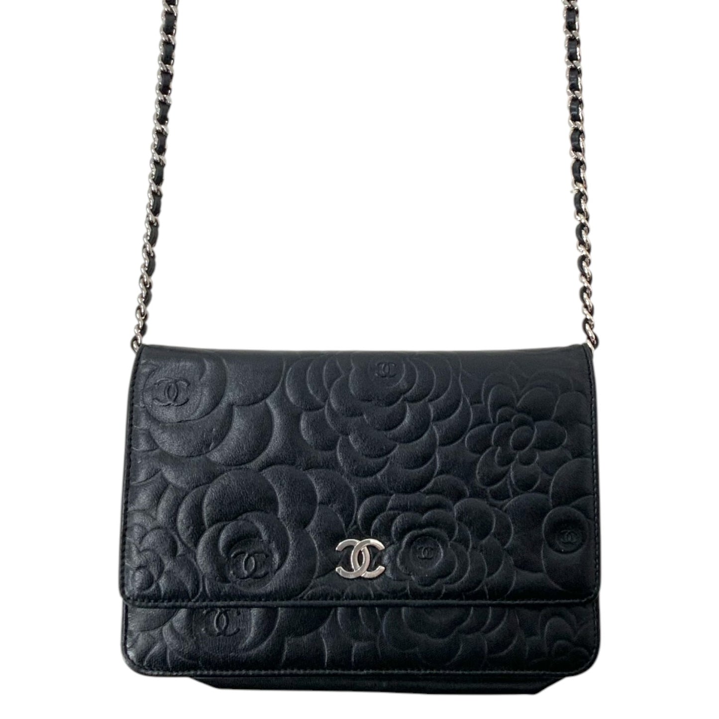 Chanel Camellia Embossed Lambskin Leather Wallet on Chain